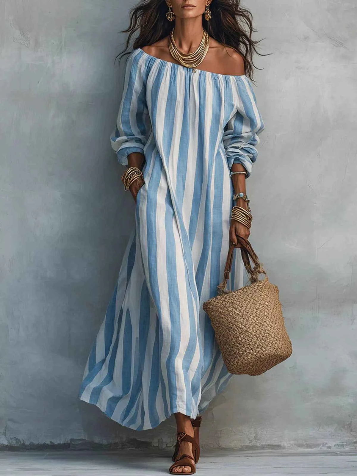 Off-Shoulder Striped Dress with Pockets
