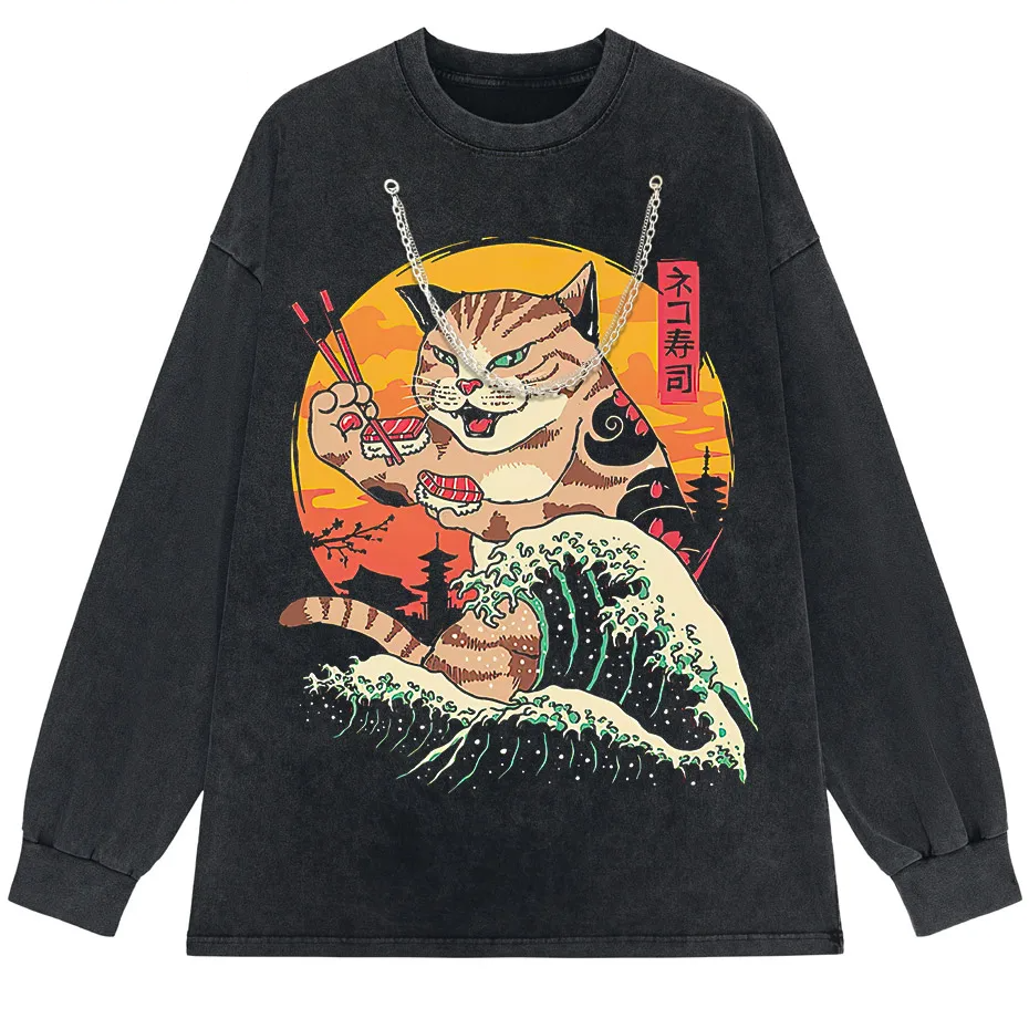 Japanese Genki Cat Anime Print Men's T-Shirt Casual O-Neck-2