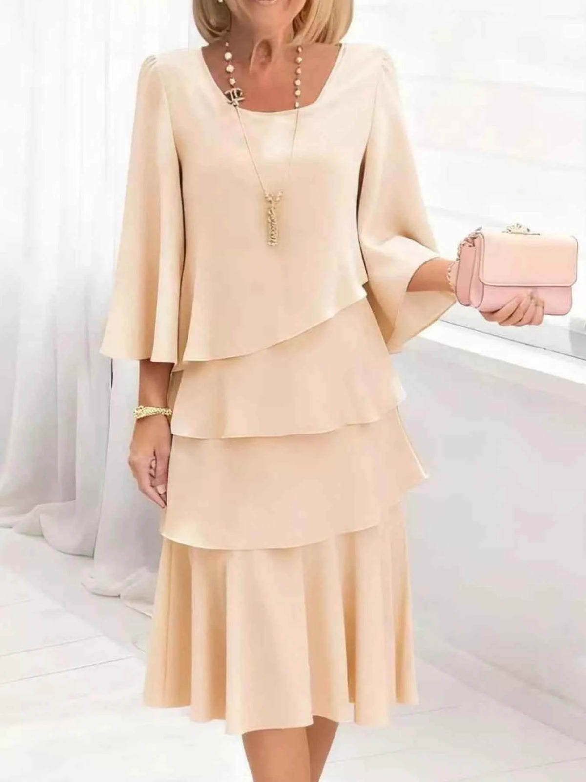 Full Size Ruffled Layered 3/4 Sleeve Dress Plus Size