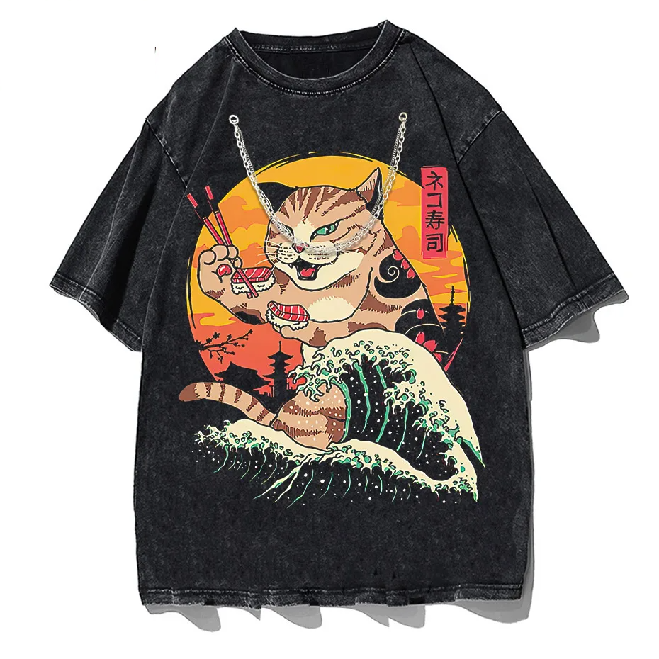 Japanese Genki Cat Anime Print Men's T-Shirt Casual O-Neck-3