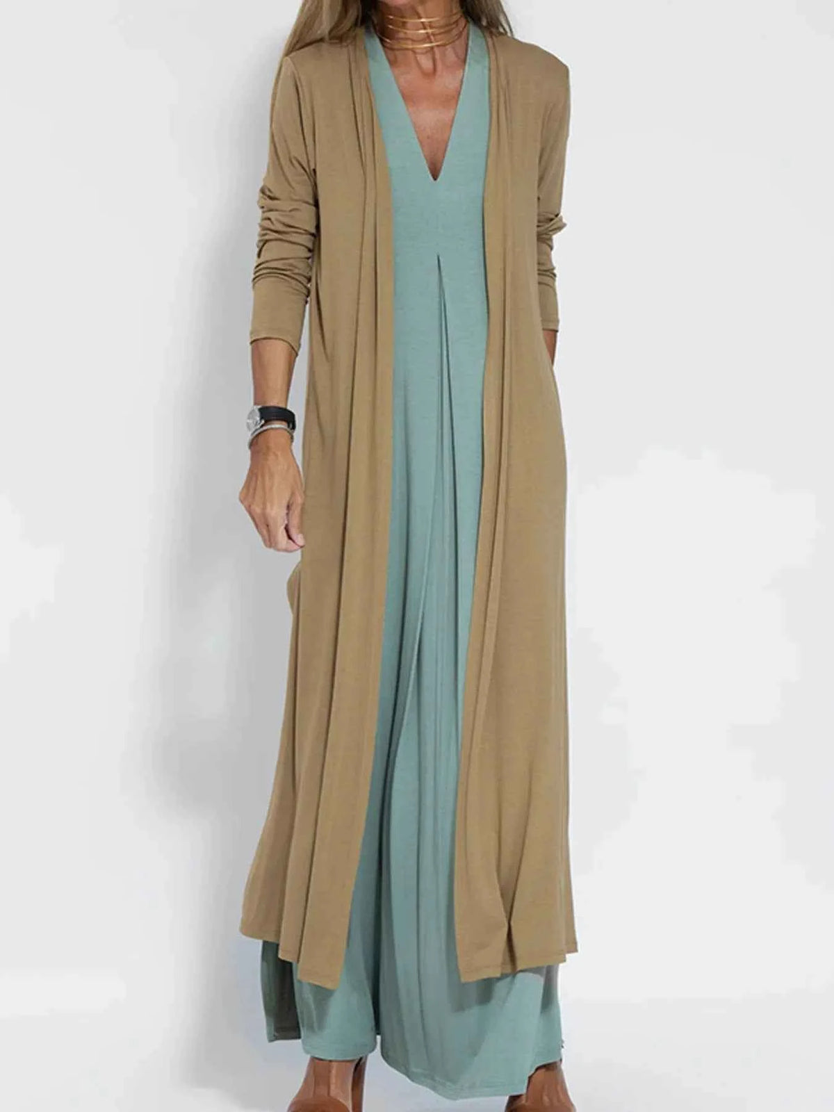Full Size Open Front Side Slit Longline Cardigan Plus Size