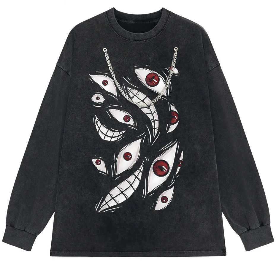 Harajuku Anime Eyes Graphic Washed T-Shirt Men Streetwear Cotton Tee-5