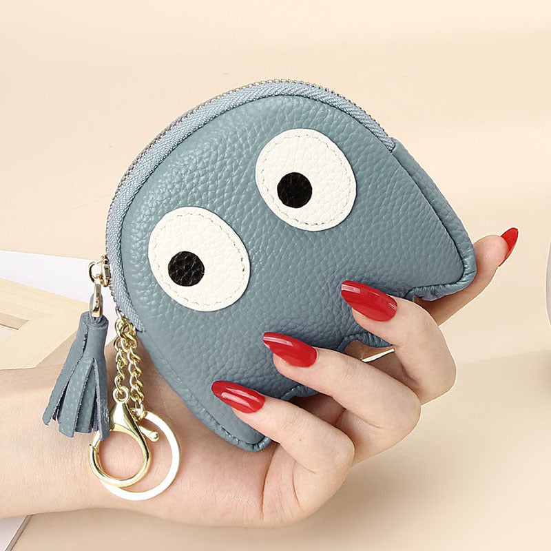 Leather Mini Creative Cartoon Zipper Coin Pouch Ins Cute Keychain Hard Coin Genuine Leather Wallet for Women