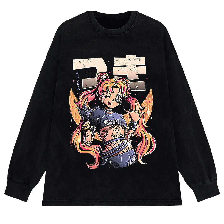 Men's Retro Anime Girl Graphic T-Shirt Cotton Oversized Vintage Tee-9