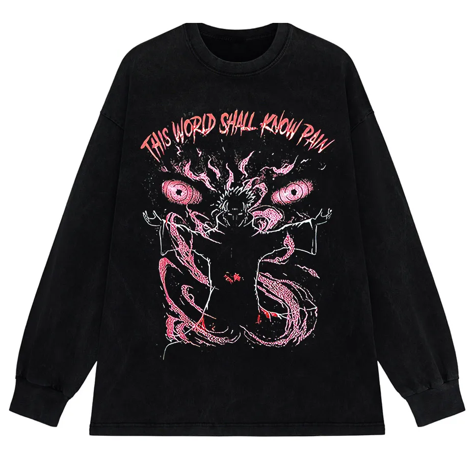 Anime Pain Print Vintage Washed T-Shirt 100% Cotton Harajuku Streetwear-7