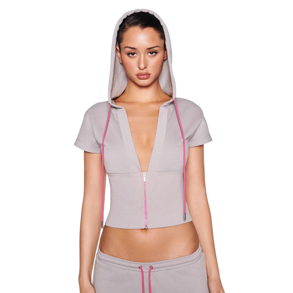Women's Pure Color Sports Leisure Top with Hood Half Zipper Slim Deep V-neck Short Sleeve