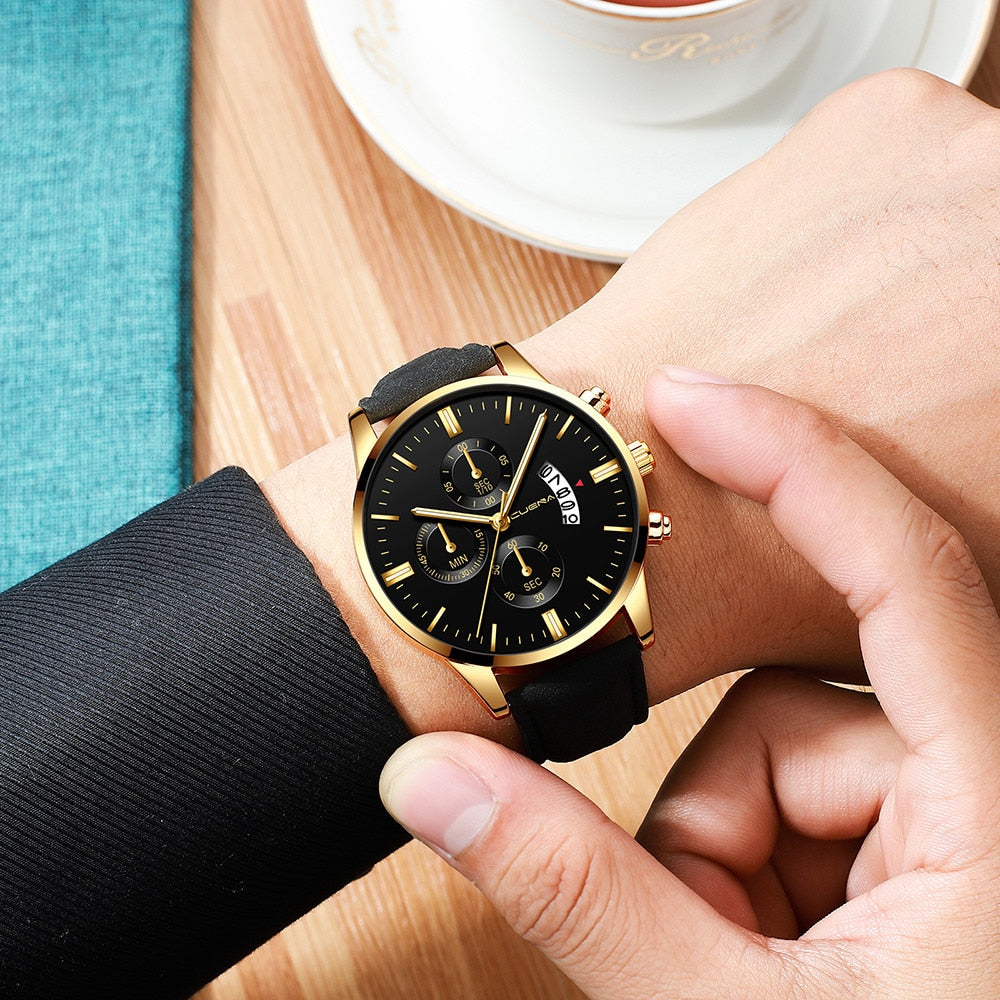 CUENA Fashion Men's Stainless Steel Watch Leather Band Analog Quartz Wrist Watch