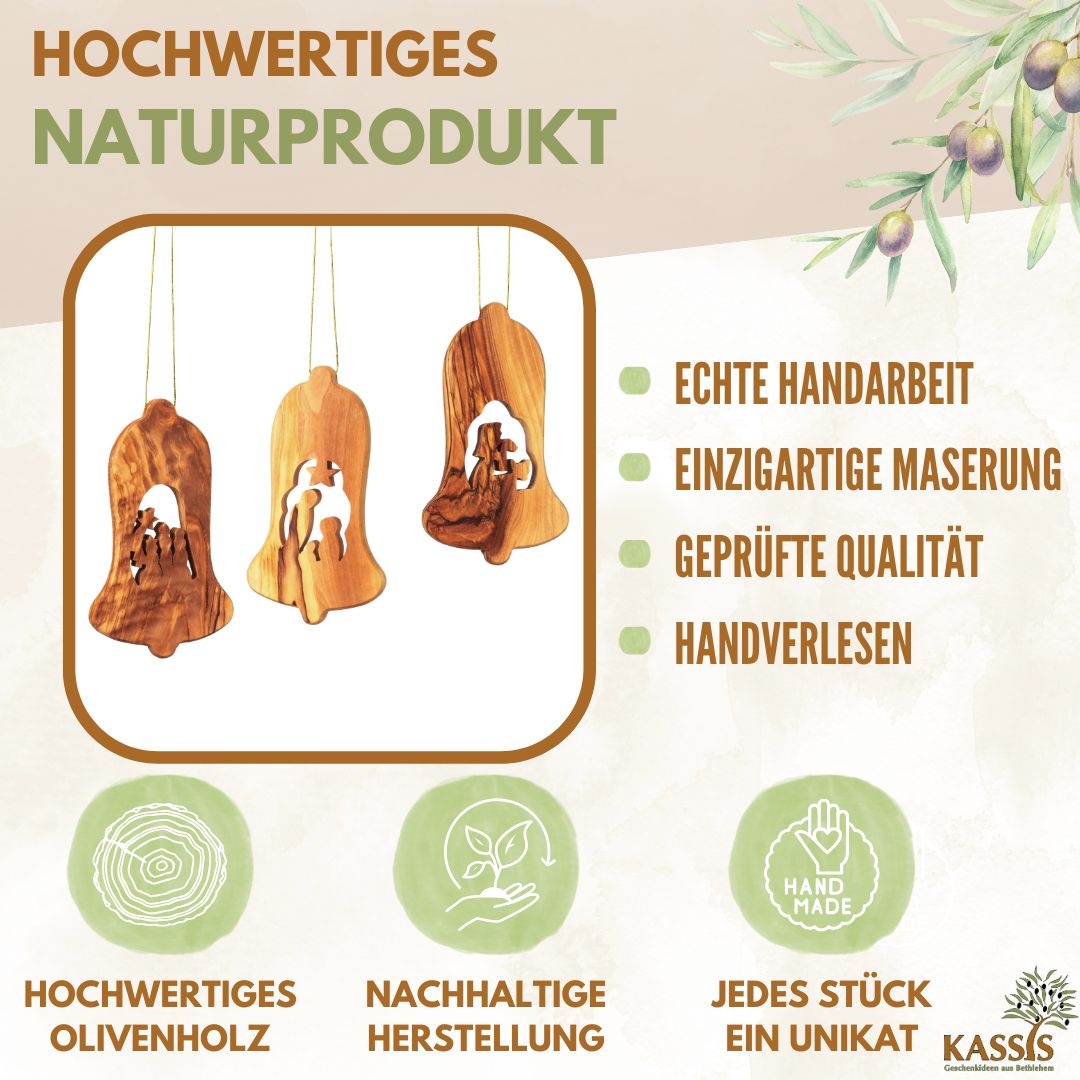 Christmas tree decorations, nativity scene, set of 3 bell pendants - without bark