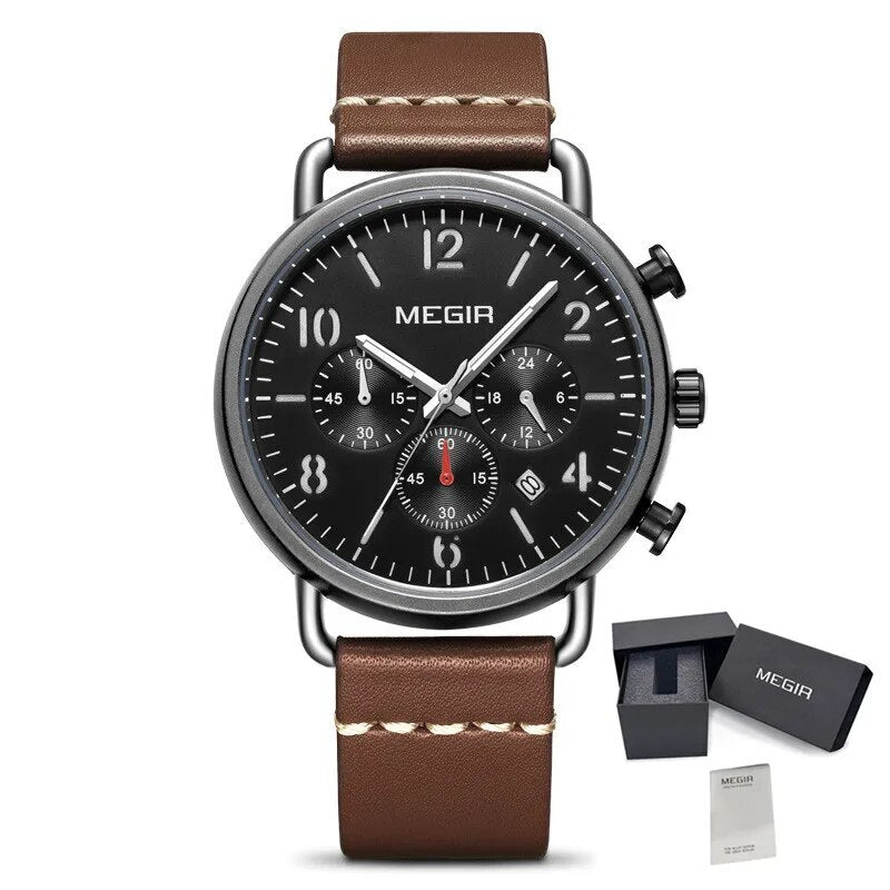 MEGIR ファッションメンズ腕時計 ラグジュアリー スポーツ クォーツ腕時計 スチールメッシュ ビジネス カジュアル 腕時計 カレンダー レザーバンド メンズ時計 2158