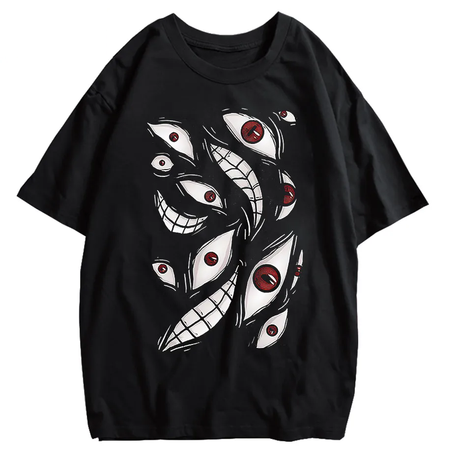 Harajuku Anime Eyes Graphic Washed T-Shirt Men Streetwear Cotton Tee-2