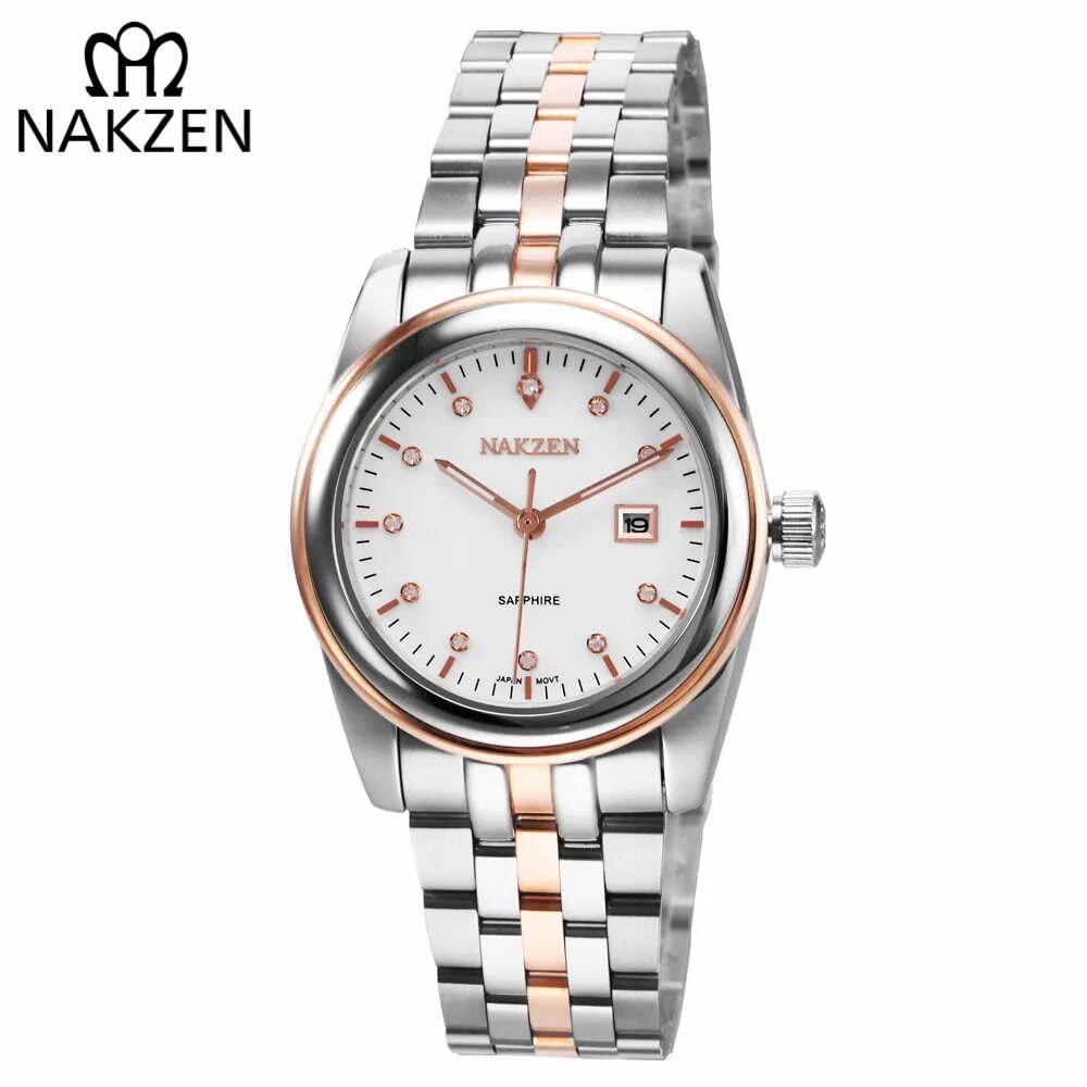 NAKZEN Womens Gold Luxury Quartz Diamond Watch Calendar Display Women Full Steel Wrist Watch Female Clock relogio masculino 6012-0