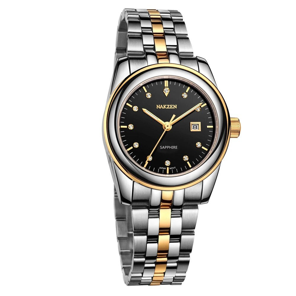 NAKZEN Womens Gold Luxury Quartz Diamond Watch Calendar Display Women Full Steel Wrist Watch Female Clock relogio masculino 6012-2