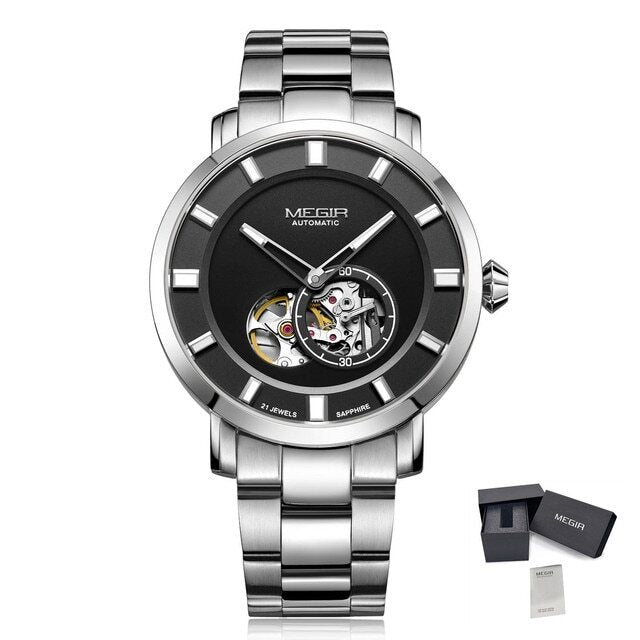 MEGIR Men Watch Hollow Out Automatic Mechanical Stainless Steel Wristwatch Waterproof Luxury Business Wrist Watch Montre Homme 62052-13