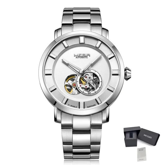 MEGIR Men Watch Hollow Out Automatic Mechanical Stainless Steel Wristwatch Waterproof Luxury Business Wrist Watch Montre Homme 62052-12