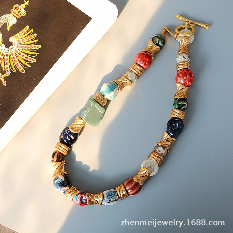 Brass Retro Natural Stone Pearl Necklace Earrings  Women Jewelry Punk Designer Japan Korean