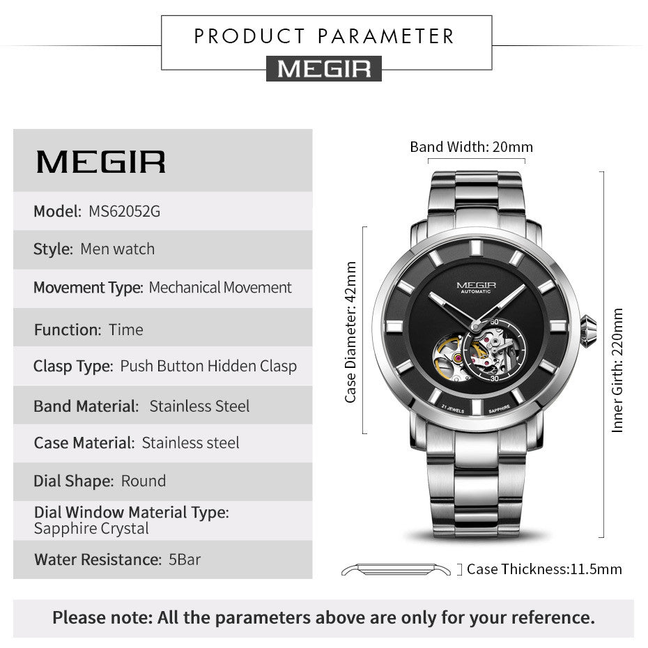 MEGIR Men Watch Hollow Out Automatic Mechanical Stainless Steel Wristwatch Waterproof Luxury Business Wrist Watch Montre Homme 62052-8