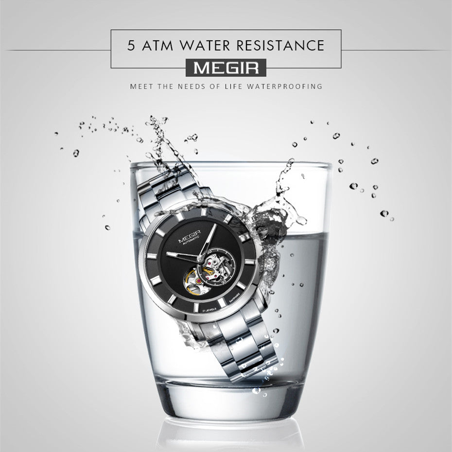 MEGIR Men Watch Hollow Out Automatic Mechanical Stainless Steel Wristwatch Waterproof Luxury Business Wrist Watch Montre Homme 62052-10