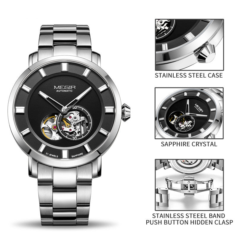 MEGIR Men Watch Hollow Out Automatic Mechanical Stainless Steel Wristwatch Waterproof Luxury Business Wrist Watch Montre Homme 62052-9