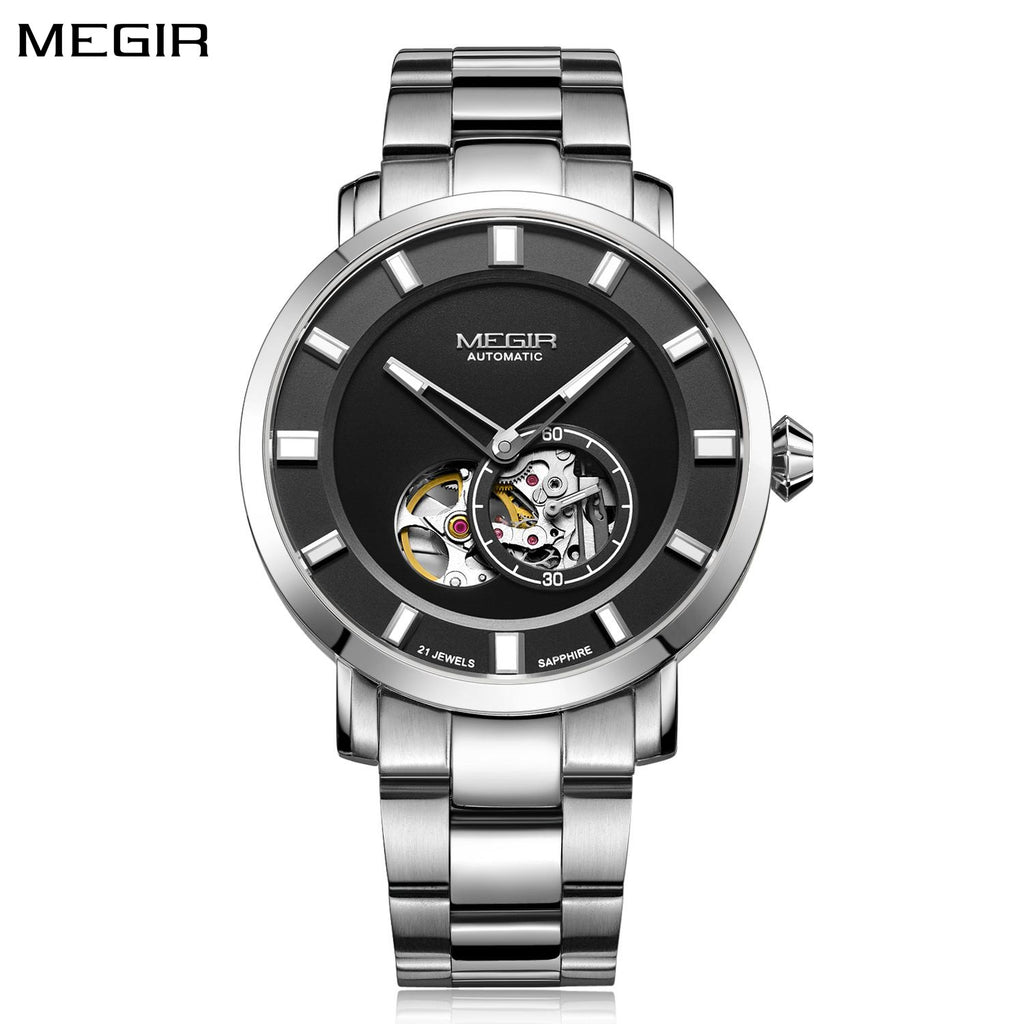 MEGIR Men Watch Hollow Out Automatic Mechanical Stainless Steel Wristwatch Waterproof Luxury Business Wrist Watch Montre Homme 62052-0