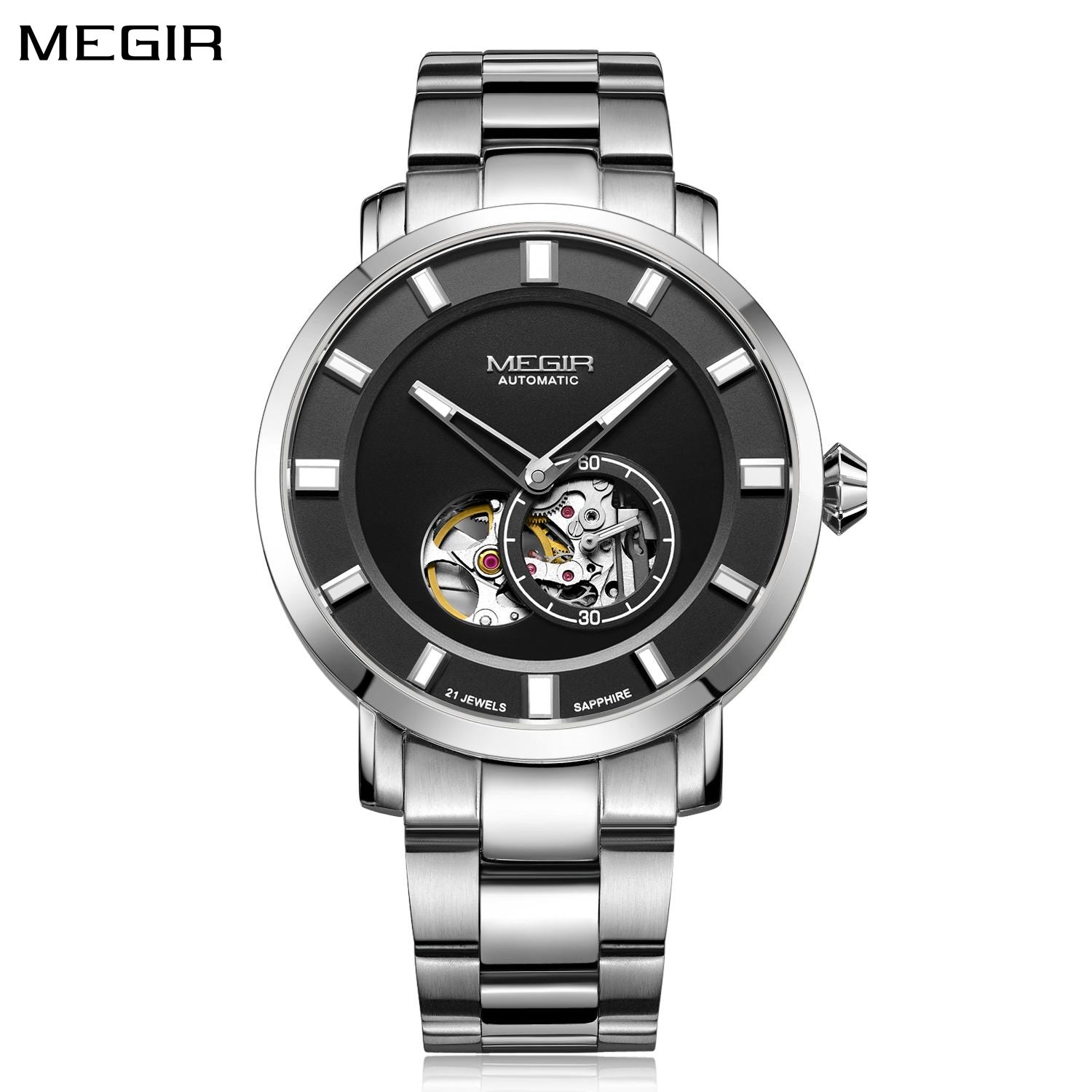MEGIR Men Watch Hollow Out Automatic Mechanical Stainless Steel Wristwatch Waterproof Luxury Business Wrist Watch Montre Homme 62052-0