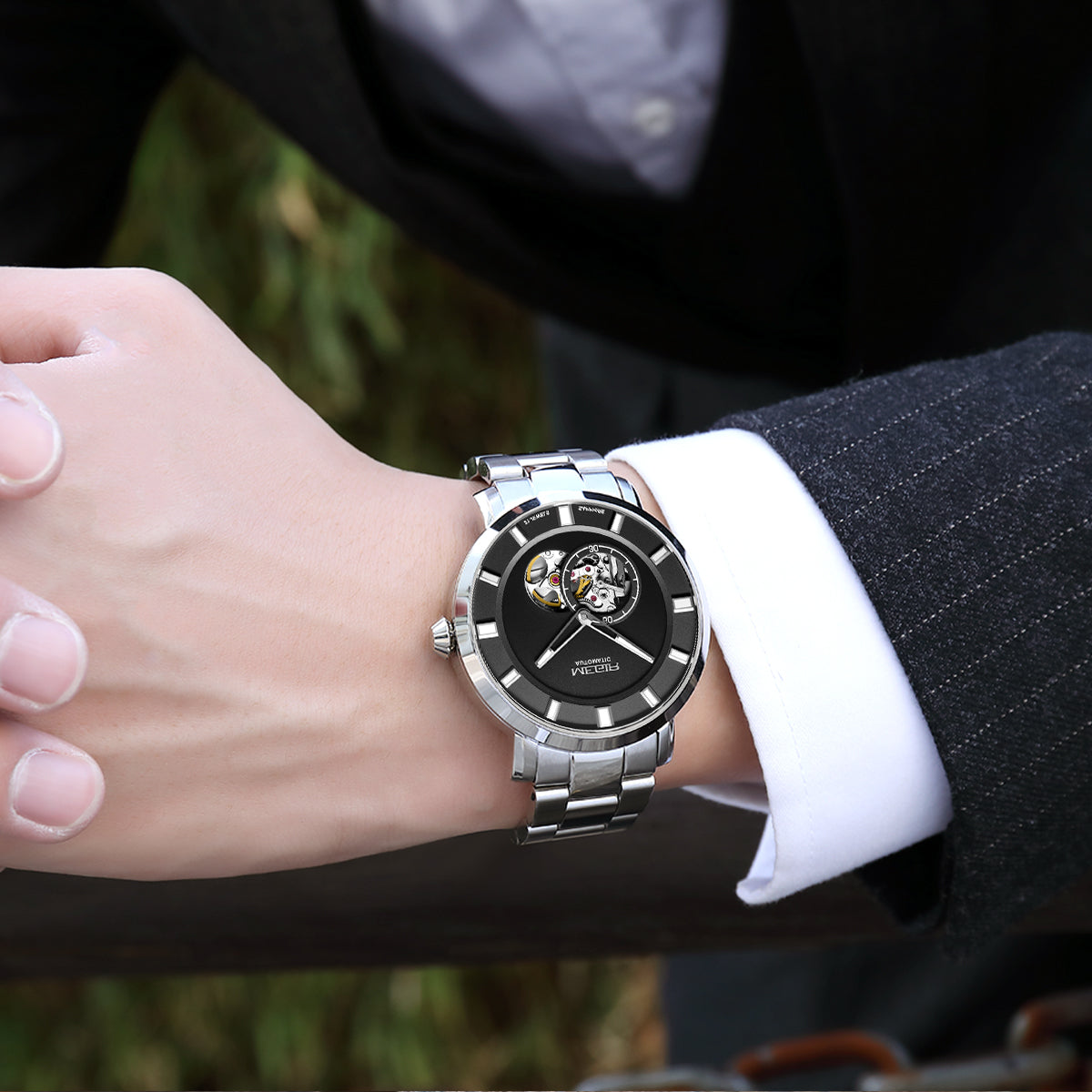 MEGIR Men Watch Hollow Out Automatic Mechanical Stainless Steel Wristwatch Waterproof Luxury Business Wrist Watch Montre Homme 62052-2
