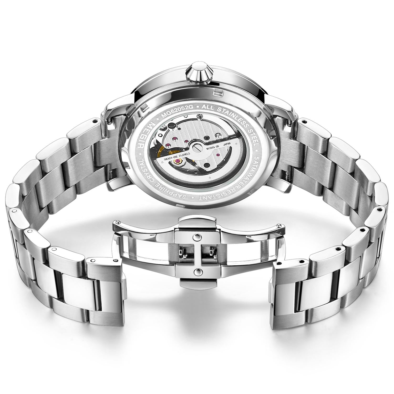 MEGIR Men Watch Hollow Out Automatic Mechanical Stainless Steel Wristwatch Waterproof Luxury Business Wrist Watch Montre Homme 62052-11