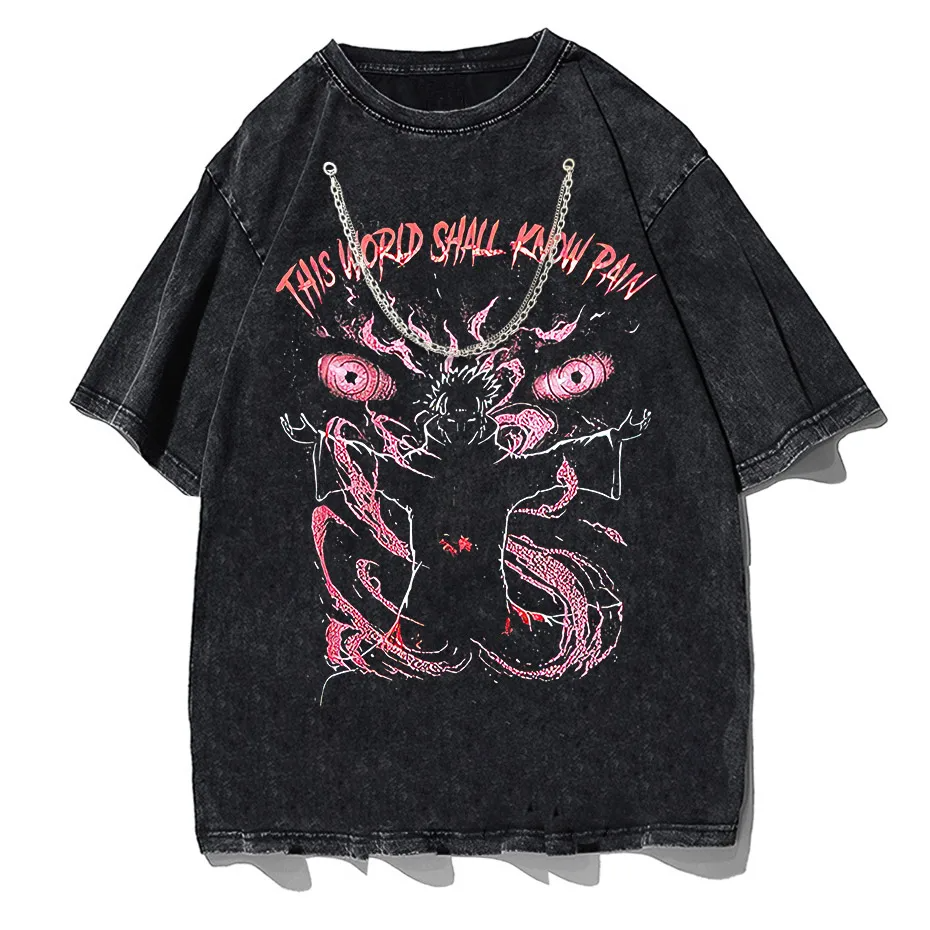 Anime Pain Print Vintage Washed T-Shirt 100% Cotton Harajuku Streetwear-0