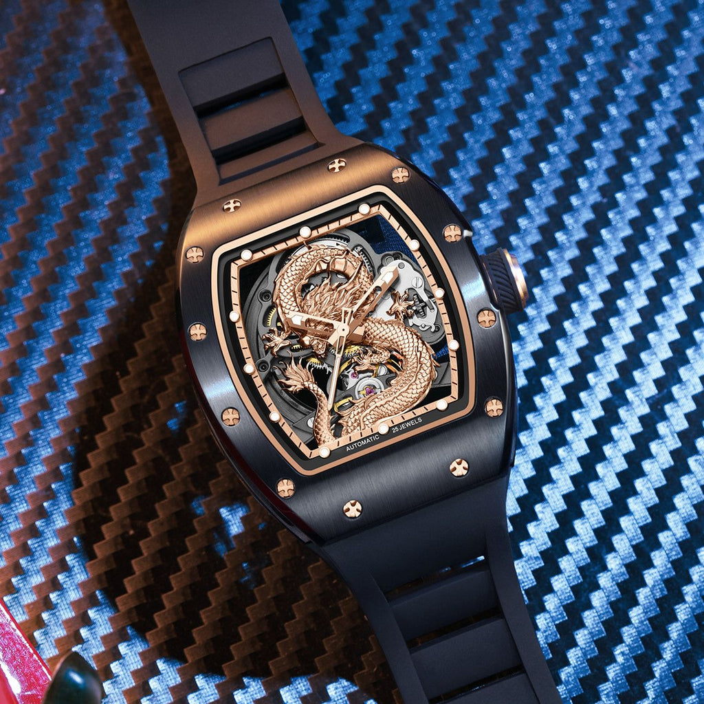 MEGIR Automatic Mechanical Skeleton Men Watch Luxury Stainless Steel Case Tonneau Dial Wristwatch Waterproof Sport Watches 9190-15-5