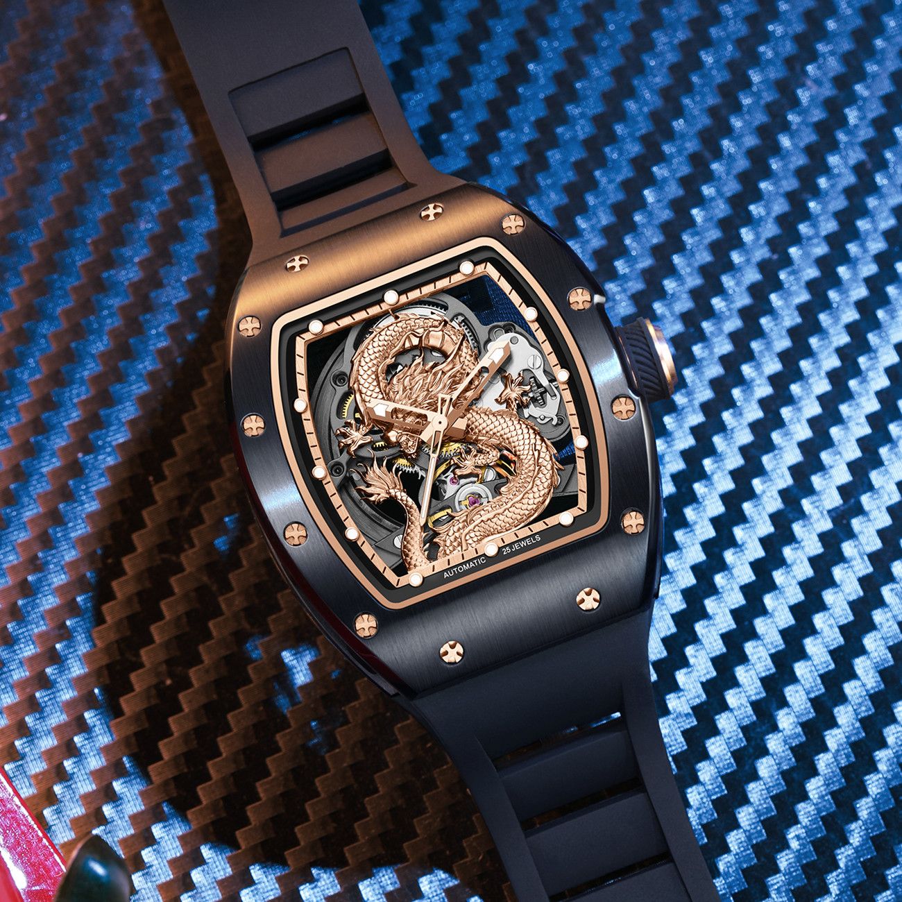 MEGIR Automatic Mechanical Skeleton Men Watch Luxury Stainless Steel Case Tonneau Dial Wristwatch Waterproof Sport Watches 9190-15-5