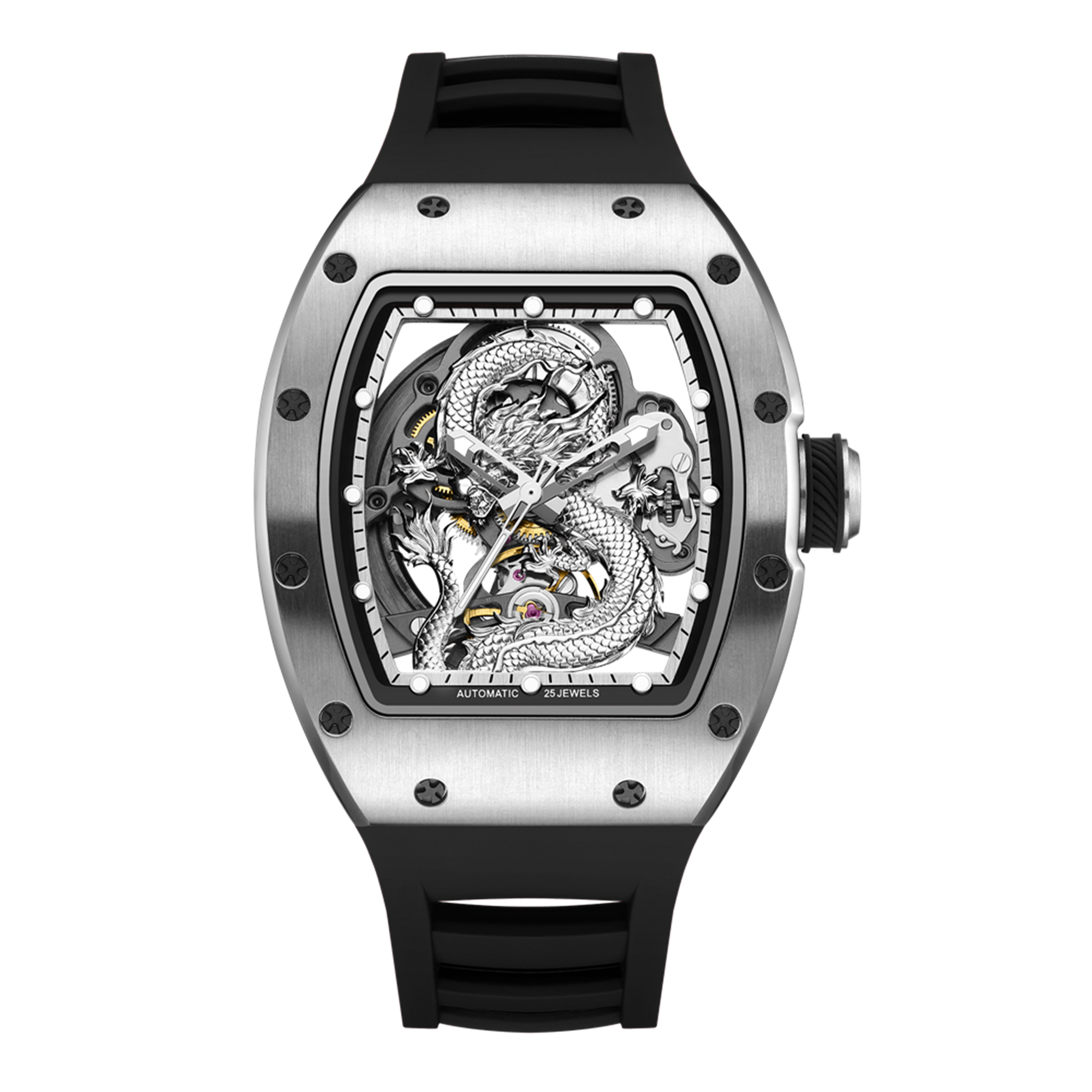 MEGIR Automatic Mechanical Skeleton Men Watch Luxury Stainless Steel Case Tonneau Dial Wristwatch Waterproof Sport Watches 9190-15-11