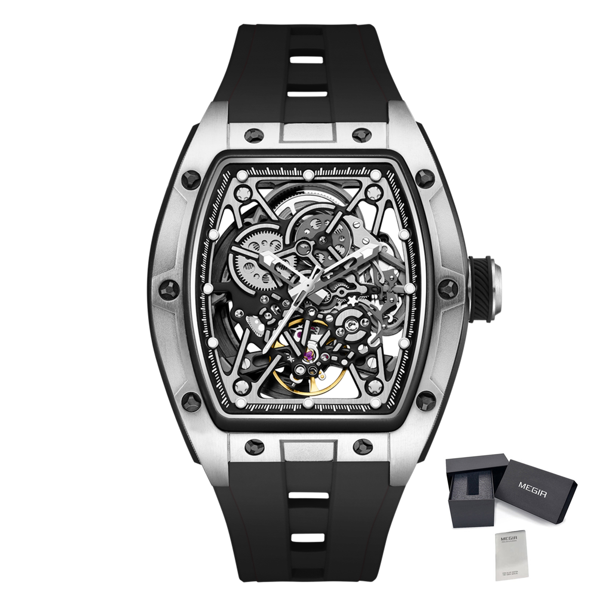 MEGIR Men's Mechanical Watch Fashion Hollow Out Automatic Movement Sport Wristwatches Waterproof Silicone Strap Watches 9198-3-19
