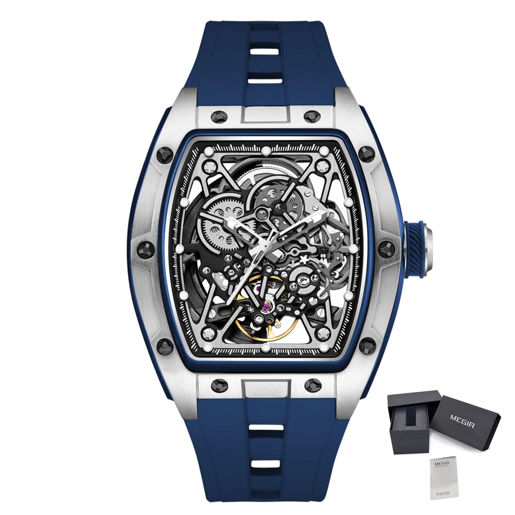 MEGIR Men's Mechanical Watch Fashion Hollow Out Automatic Movement Sport Wristwatches Waterproof Silicone Strap Watches 9198-3-17