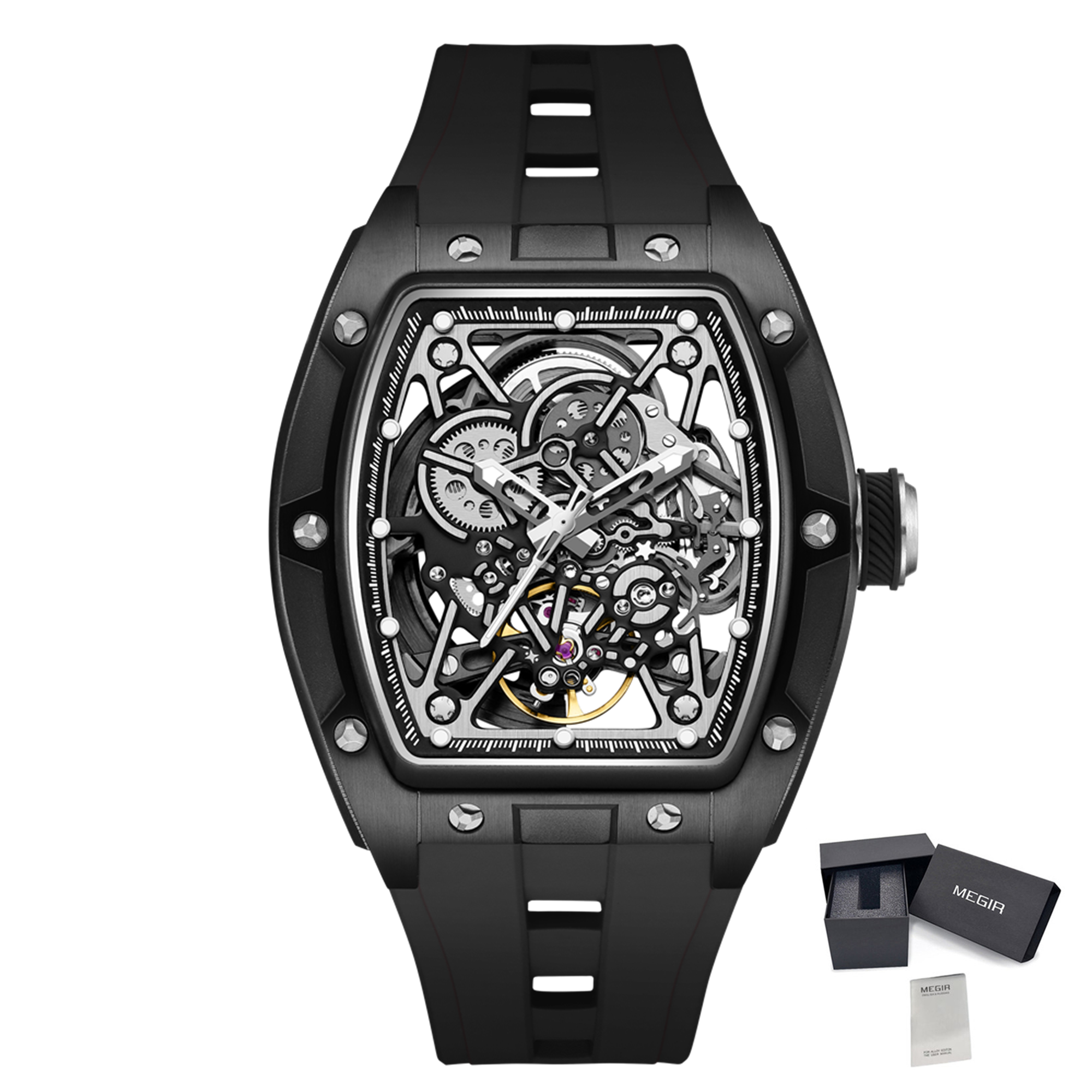 MEGIR Men's Mechanical Watch Fashion Hollow Out Automatic Movement Sport Wristwatches Waterproof Silicone Strap Watches 9198-3-18