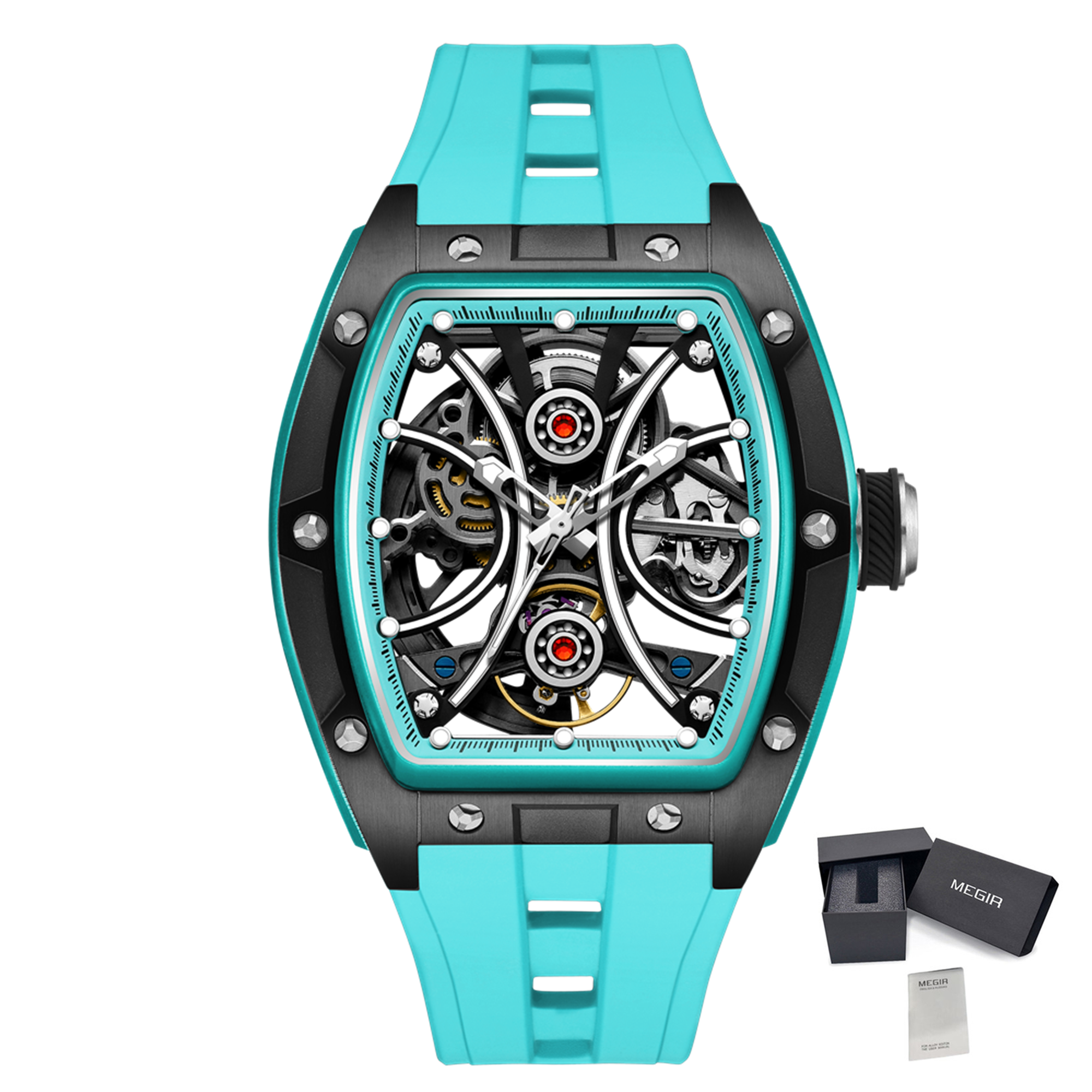 MEGIR Men's Sports Watch Fashion Automatic Mechanical Movement Watches Skeleton Luminous Waterproof Business Wristwatches 9198-4-20