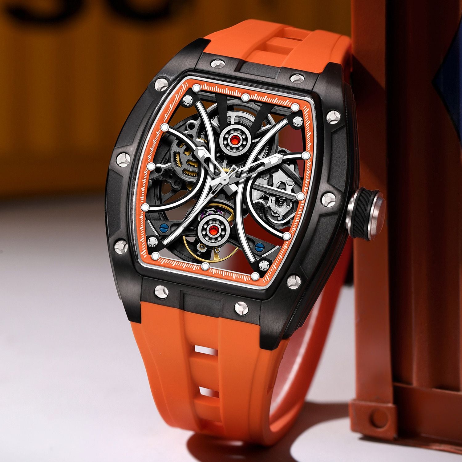 MEGIR Men's Sports Watch Fashion Automatic Mechanical Movement Watches Skeleton Luminous Waterproof Business Wristwatches 9198-4-6