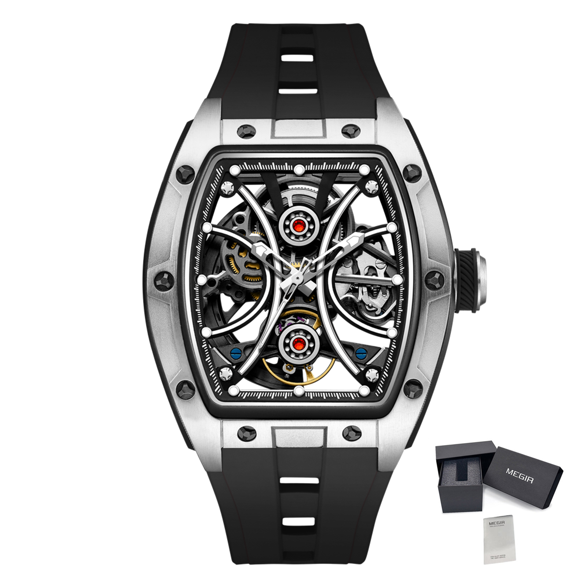 MEGIR Men's Sports Watch Fashion Automatic Mechanical Movement Watches Skeleton Luminous Waterproof Business Wristwatches 9198-4-19