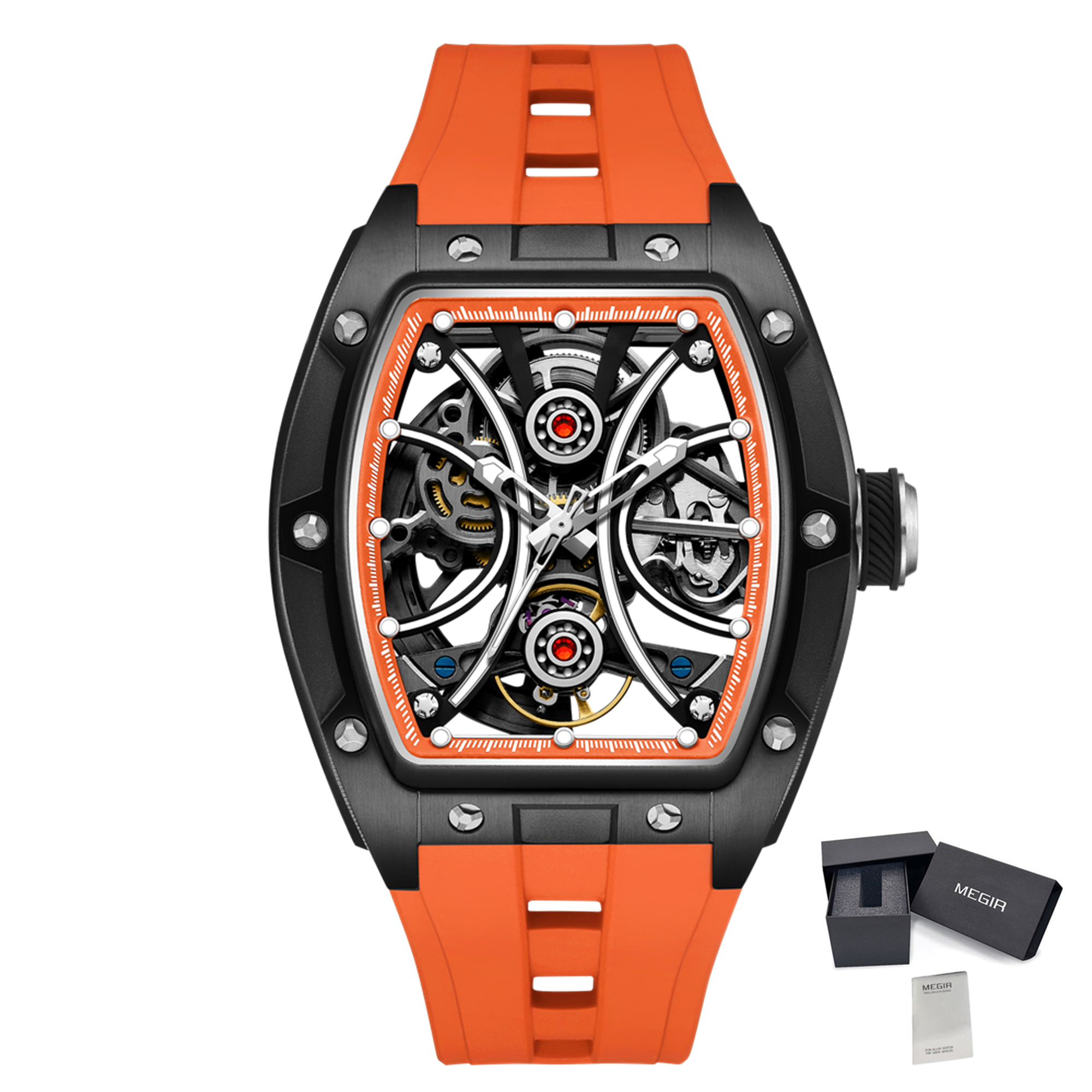 MEGIR Men's Sports Watch Fashion Automatic Mechanical Movement Watches Skeleton Luminous Waterproof Business Wristwatches 9198-4-18