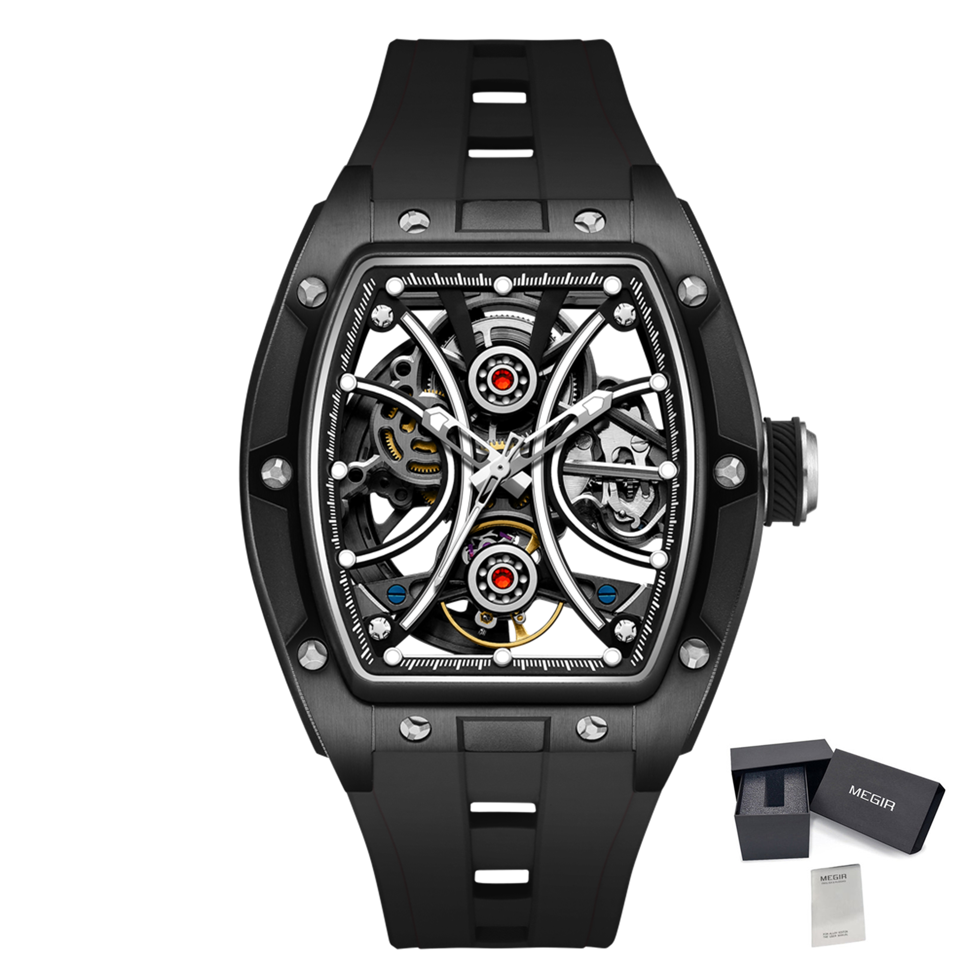 MEGIR Men's Sports Watch Fashion Automatic Mechanical Movement Watches Skeleton Luminous Waterproof Business Wristwatches 9198-4-17