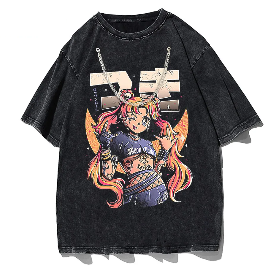 Men's Retro Anime Girl Graphic T-Shirt Cotton Oversized Vintage Tee-1