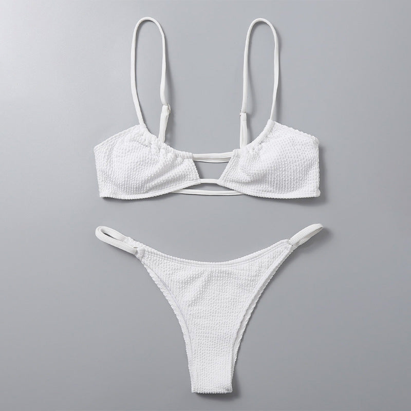 Sexy Solid Color Strappy Bikini Set with Thong Bottom for Women