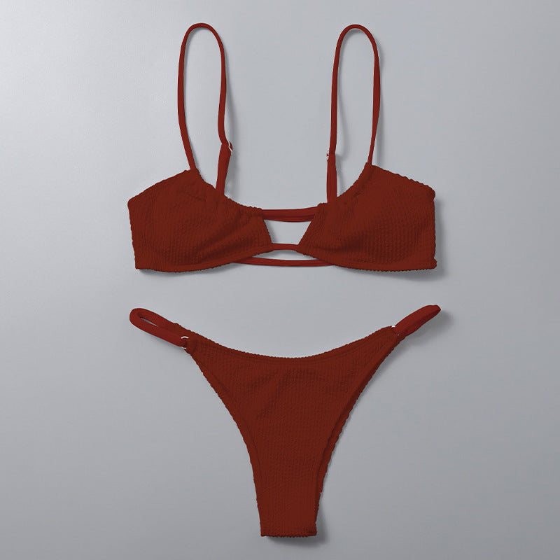 Sexy Solid Color Strappy Bikini Set with Thong Bottom for Women