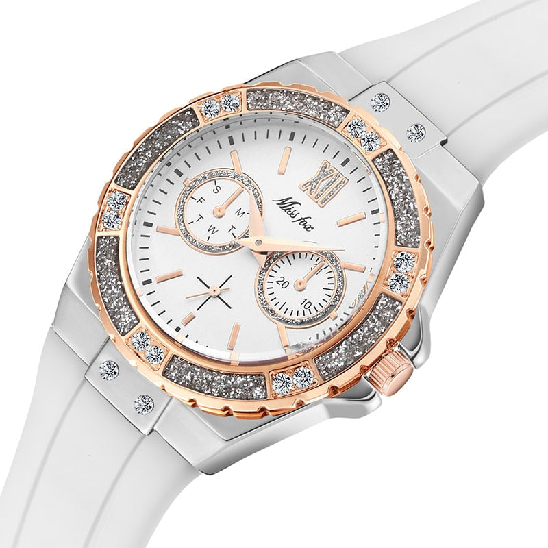   Chronograph Rose Gold Sport Watch Ladies Diamond Blue 