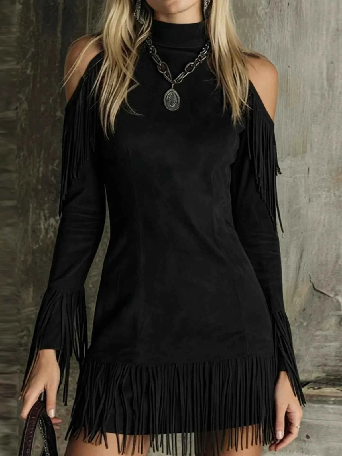 Fringed Cold Shoulder Mini Dress