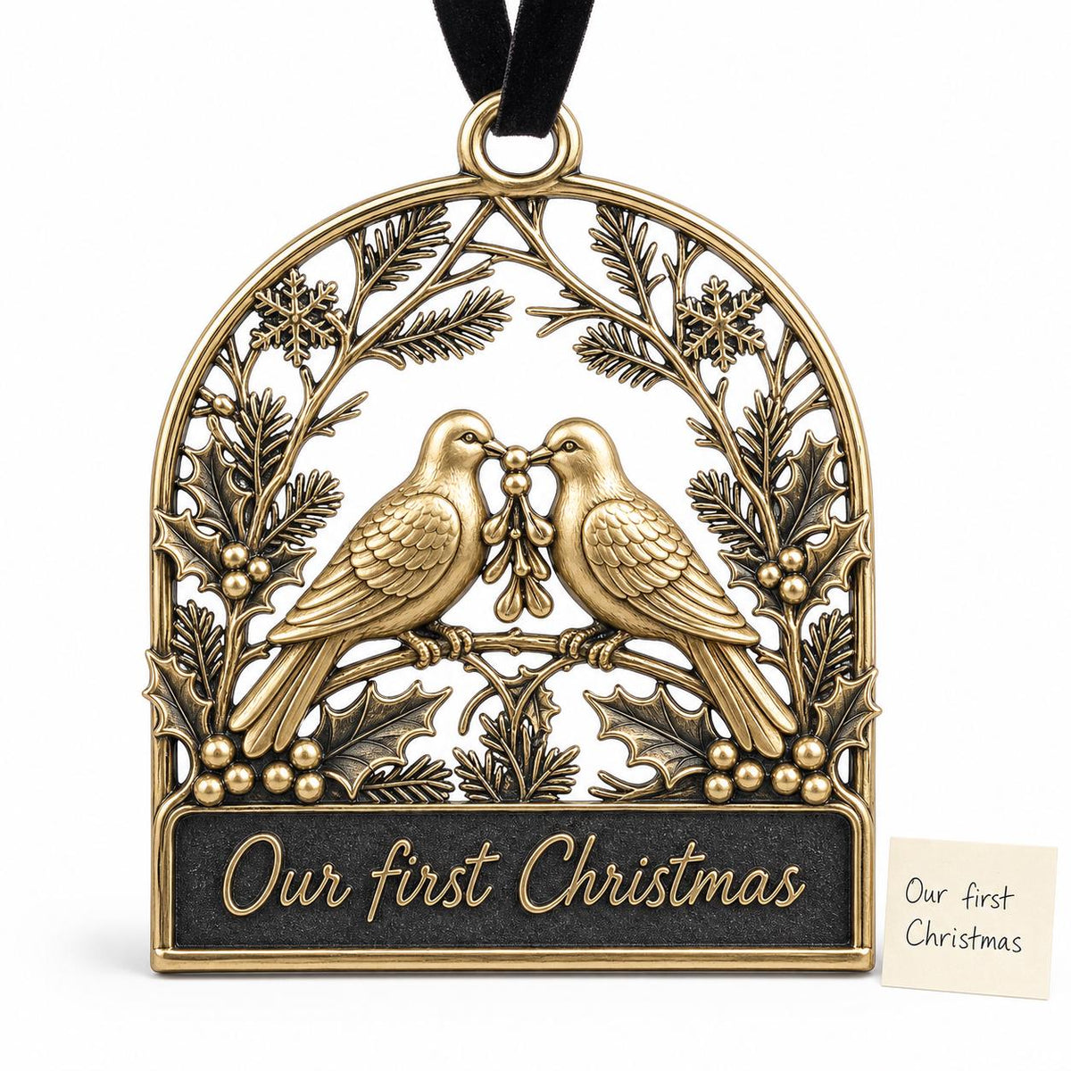Two Doves First Christmas Ornament – Antique Brass, Personalized