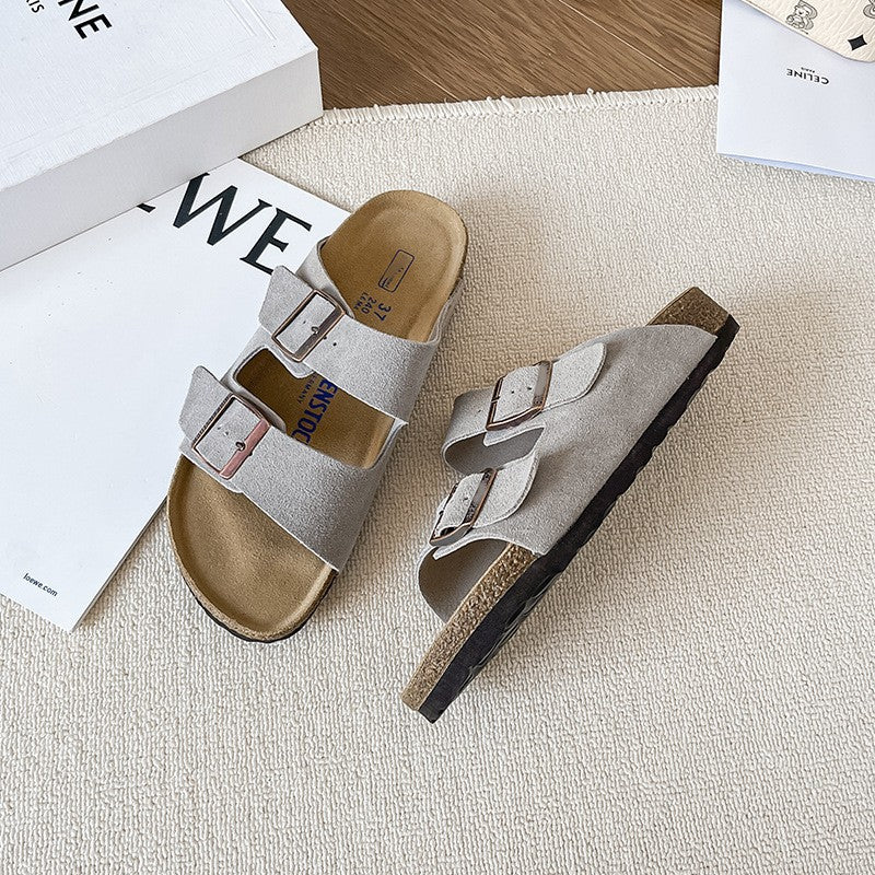 Leather flat bottomed Buchen slippers for women's doubles with button up two character slippers