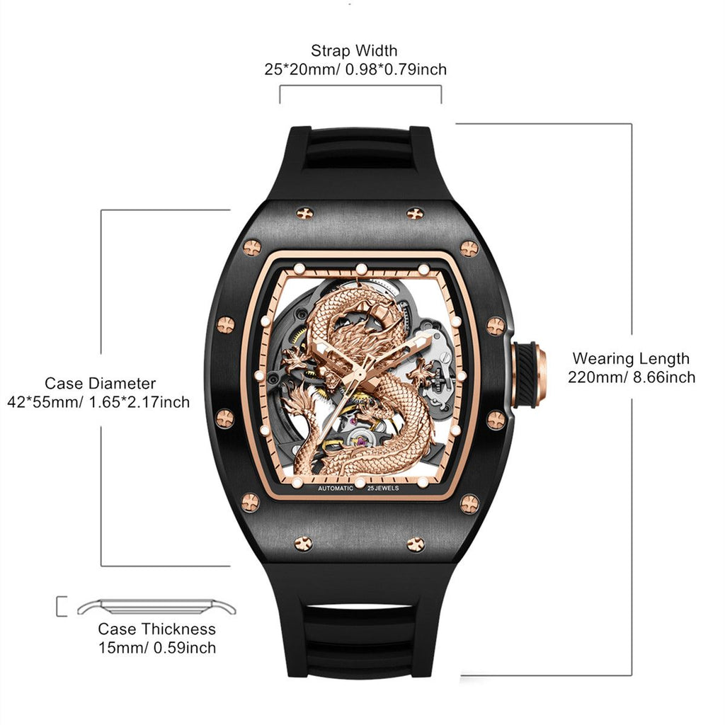 MEGIR Automatic Mechanical Skeleton Men Watch Luxury Stainless Steel Case Tonneau Dial Wristwatch Waterproof Sport Watches 9190-15-8