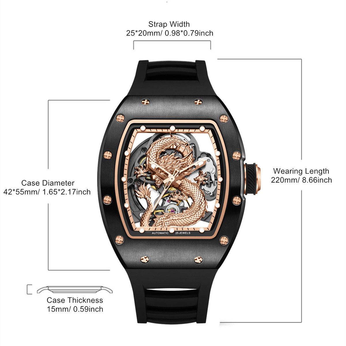 MEGIR Automatic Mechanical Skeleton Men Watch Luxury Stainless Steel Case Tonneau Dial Wristwatch Waterproof Sport Watches 9190-15-8