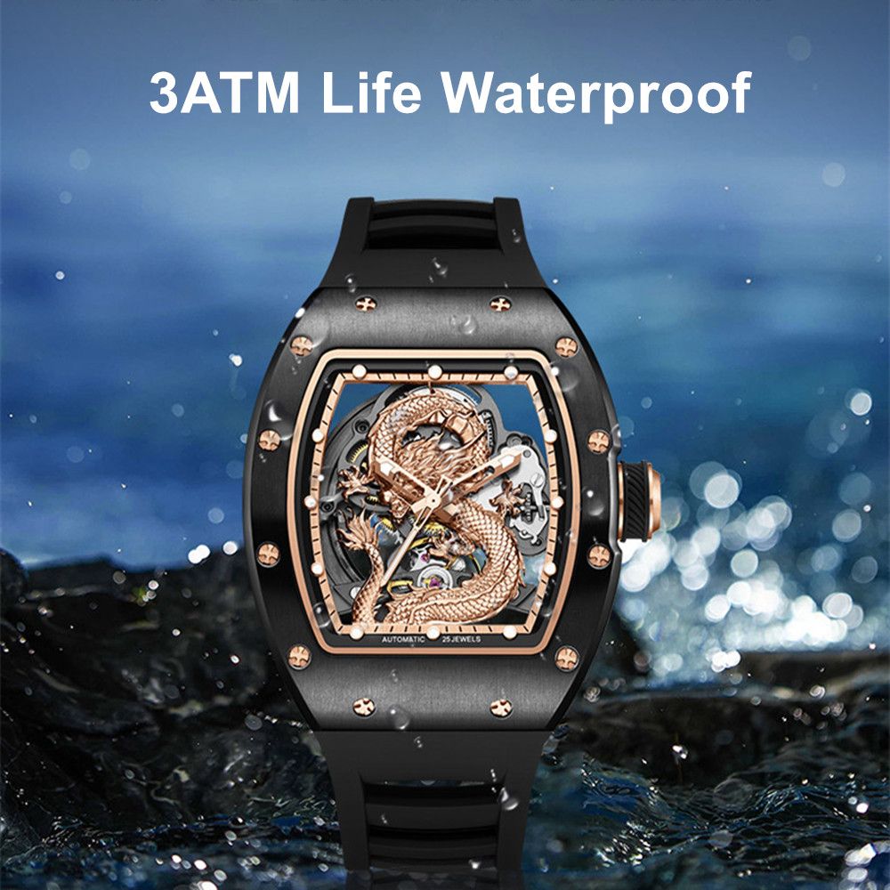 MEGIR Automatic Mechanical Skeleton Men Watch Luxury Stainless Steel Case Tonneau Dial Wristwatch Waterproof Sport Watches 9190-15-9