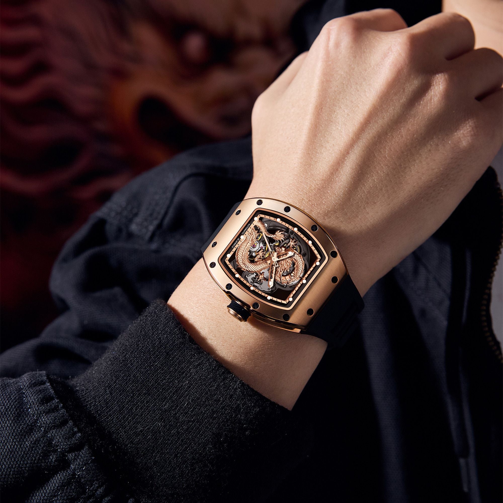 MEGIR Automatic Mechanical Skeleton Men Watch Luxury Stainless Steel Case Tonneau Dial Wristwatch Waterproof Sport Watches 9190-15-1