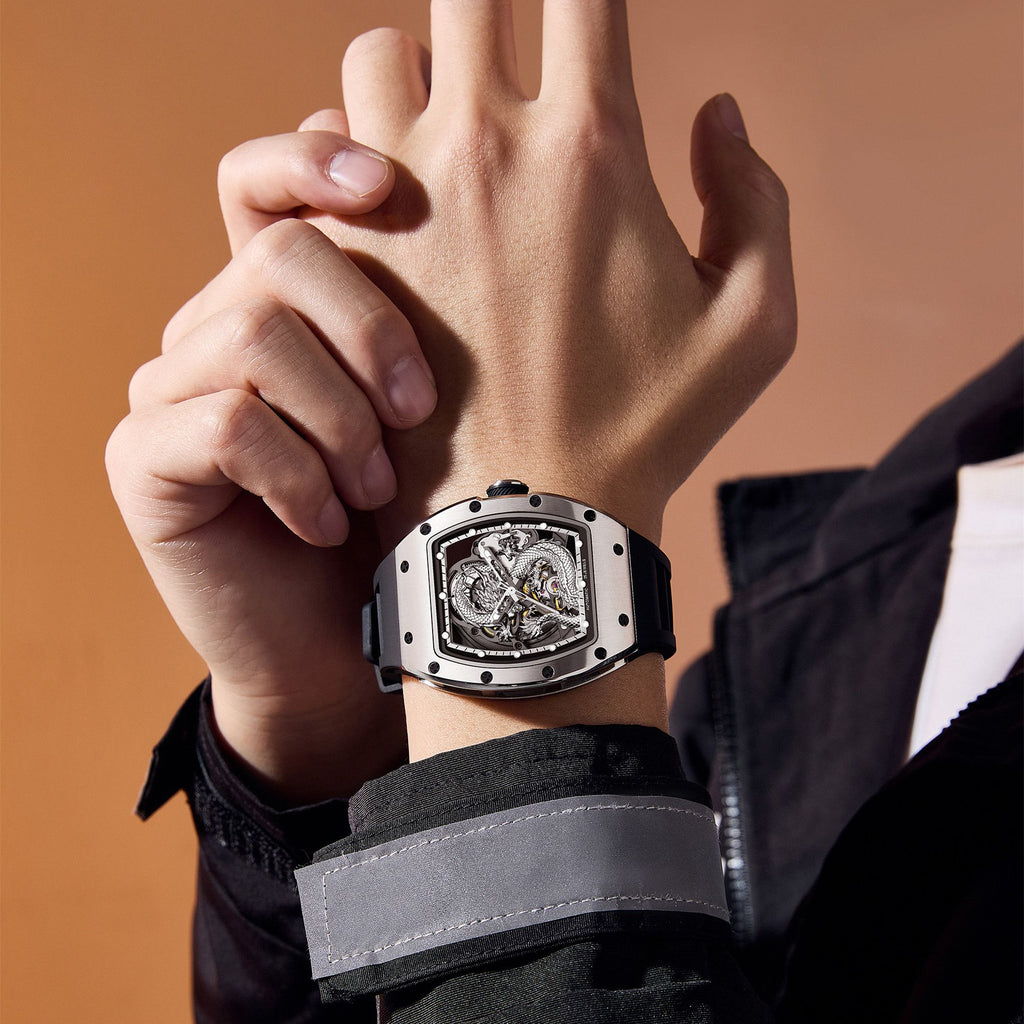 MEGIR Automatic Mechanical Skeleton Men Watch Luxury Stainless Steel Case Tonneau Dial Wristwatch Waterproof Sport Watches 9190-15-4